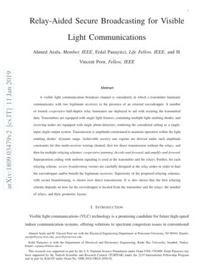 PDF Document Cover - Relay-Aided Secure Broadcasting for Visible Light Communications: Analysis and Framework
